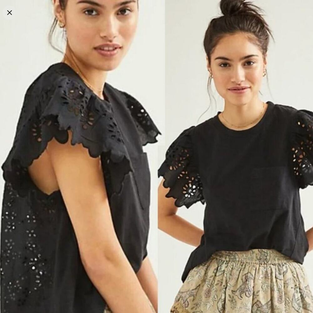 Anthropologie Seen Worn Kept Black Eyelet Flutter Sleeve A Line T Shirt S